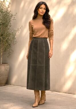Bushwacker Genuine Leather Midi Skirt Olive Brown A-Line Long Women's Size 6